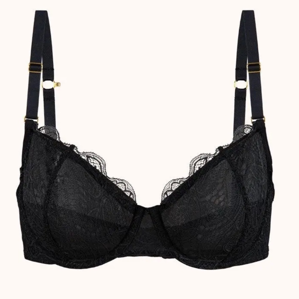 Lively Womens 34C Unlined Lace Bra Black Scalloped Full Coverag Underwire 47246